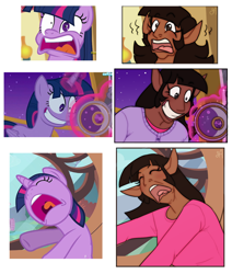 Size: 1190x1402 | Tagged: safe, artist:greenarsonist, edit, imported from derpibooru, screencap, twilight sparkle, alicorn, human, pony, between dark and dawn, party pooped, dark skin, golden oaks library, humanized, magic, screencap reference, screenshot redraw, solo, telekinesis, twilight snapple, twilight sparkle (alicorn)