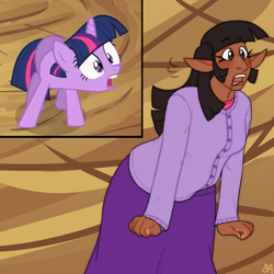 Size: 1200x1200 | Tagged: safe, artist:greenarsonist, edit, imported from derpibooru, screencap, twilight sparkle, alicorn, human, pony, abstract background, dark skin, golden oaks library, humanized, screencap reference, screenshot redraw, solo, twilight sparkle (alicorn)