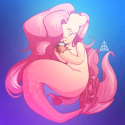 Size: 1350x1350 | Tagged: safe, artist:artistir, imported from derpibooru, fluttershy, merpony, pony, cute, digital art, eyes closed, female, fish tail, logo, mare, ocean, shyabetes, smiling, solo, species swap, tail, underwater, unshorn fetlocks, water