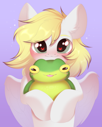 Size: 3295x4096 | Tagged: safe, artist:kebchach, imported from derpibooru, oc, oc only, oc:ludwig von leeb, frog, pegasus, pony, toad, blonde hair, blushing, cute, ear fluff, green eyes, heart eyes, holding, looking at you, male, pegasus oc, solo, stallion, tongue out, violet background, wingding eyes, wings