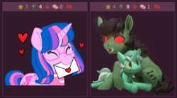 Size: 439x242 | Tagged: safe, artist:rhorse, artist:徐詩珮, imported from ponybooru, lyra heartstrings, oc, oc only, oc:hsu amity, oc:rot, goblin, pony, exploitable meme, female, i'm just a little goblin, juxtaposition, juxtaposition fail, letter, love, lyra plushie, mare, meme, plushie, plushie sex toy, simple background, solo, whiskers