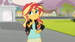 Size: 3410x1920 | Tagged: safe, imported from derpibooru, screencap, sunset shimmer, equestria girls, friendship games, backpack, clothes, cute, female, hand on hip, high res, jacket, leather, leather jacket, shimmerbetes, smiling, solo, statue