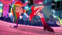 Size: 640x360 | Tagged: safe, imported from derpibooru, screencap, aqua blossom, blueberry cake, cloudy kicks, golden hazel, heath burns, indigo wreath, mystery mint, nolan north, rainbow dash, rose heart, teddy t. touchdown, eqg summertime shorts, equestria girls, raise this roof, animated, balloon, bare shoulders, belt, boots, breakdancing, canterlot high, clothes, cutie mark, cutie mark on clothes, dance floor, devil horn (gesture), eyes closed, faic, fall formal outfits, female, fingerless gloves, gif, gifs.com, gloves, male, rainbow dash is best facemaker, shoes, sleeveless, smiling, smirk, smug, smugdash, solo focus, speakers