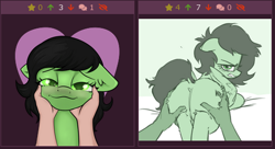 Size: 464x253 | Tagged: safe, artist:dumbwoofer, artist:plunger, imported from ponybooru, oc, oc:anon, oc:filly anon, human, pegasus, pony, derpibooru, angry, bed, blushing, butt, butt grab, butt touch, cute, dock, female, filly, foal, grope, hand, juxtaposition, looking at you, looking back, meta, plot, ponybooru, simple background, smiling, smiling at you, tail aside, transparent background