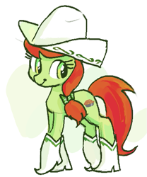 Size: 417x502 | Tagged: safe, artist:plunger, peachy sweet, earth pony, apple family member, boots, bow, cowboy boots, cowboy hat, female, full body, hair bow, hat, looking at something, looking back, mare, shoes, simple background, smiling, solo, standing, white background