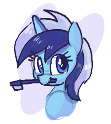 Size: 299x332 | Tagged: safe, artist:plunger, minuette, bust, female, holding, looking up, mare, mouth hold, simple background, smiling, solo, toothbrush