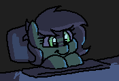 Size: 175x119 | Tagged: safe, artist:plunger, oc, oc only, oc:filly anon, earth pony, chair, computer, earth pony oc, female, filly, keyboard, night, simple background, smiling, solo, table