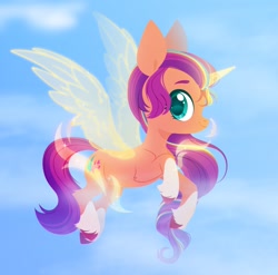 Size: 1280x1267 | Tagged: safe, artist:belka-sempai, imported from derpibooru, sunny starscout, alicorn, pony, cute, female, g5, looking at you, looking sideways, mare, my little pony: a new generation, profile, race swap, side view, smiling, smiling at you, solo, sunnybetes, sunnycorn