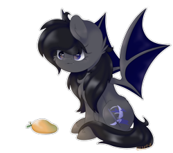 Size: 516x457 | Tagged: safe, artist:ezzerie, imported from derpibooru, oc, oc only, oc:midnight blitz, bat pony, pony, chest fluff, food, mango, simple background, solo, transparent background