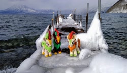 Size: 2048x1180 | Tagged: safe, imported from derpibooru, photographer:pakapaka1993, autumn blaze, cinder glow, spring glow, summer flare, kirin, pony, irl, japan, mountain, ocean, photo, pier, plushie, snow, trio, water, winter