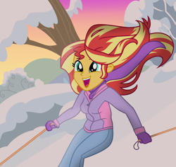 Size: 1024x965 | Tagged: safe, artist:emeraldblast63, imported from derpibooru, sunset shimmer, equestria girls, clothes, female, jacket, open mouth, skiing, smiling, snow, tree, windswept hair, winter