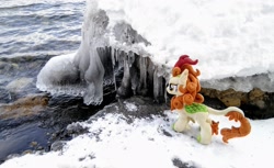 Size: 2048x1257 | Tagged: safe, imported from derpibooru, photographer:pakapaka1993, autumn blaze, kirin, pony, ice, icicle, irl, japan, photo, plushie, snow, solo, water, winter