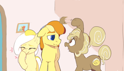 Size: 1742x1000 | Tagged: safe, artist:storyteller, imported from derpibooru, oc, oc:cinni swirl, oc:omelette, oc:sunny side, earth pony, pony, female, height difference, male, mare, size comparison, stallion, surprised