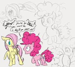 Size: 1182x1049 | Tagged: safe, artist:dotkwa, imported from derpibooru, fluttershy, pinkie pie, earth pony, pegasus, pony, balloonbutt, butt, crossed hooves, cute, diapinkes, duo, female, filly, filly fluttershy, filly pinkie pie, gray background, hair over one eye, lying down, no pupils, plot, prone, raised hoof, shyabetes, simple background, speech bubble, younger