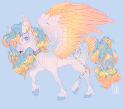 Size: 2064x1815 | Tagged: safe, artist:pegasus004, imported from derpibooru, oc, pegasus, pony, blue background, claws, collar, colored hooves, colored pupils, colored wings, ear piercing, earring, flower, flower in hair, freckles, jewelry, piercing, simple background, solo, unshorn fetlocks, wing claws, wings