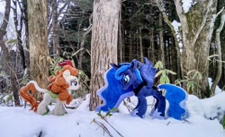 Size: 2048x1256 | Tagged: safe, imported from derpibooru, photographer:pakapaka1993, autumn blaze, princess luna, alicorn, kirin, pony, duo, irl, japan, photo, plushie, snow, tree, winter