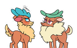 Size: 1024x648 | Tagged: safe, artist:ma5teroftheuniv3rse, imported from derpibooru, cashmere (tfh), deer, reindeer, them's fightin' herds, chest fluff, community related, cousins, duo, female, fluffy, frown, glasses, jealous, lidded eyes, looking back, missing accessory, signature, simple background, smiling, unamused, velvet (tfh), velvet is not amused, white background