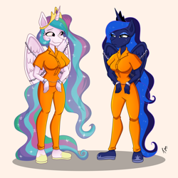 Size: 3000x3000 | Tagged: safe, artist:hadesvita, artist:kefitani, imported from derpibooru, princess celestia, princess luna, anthro, bound wings, chained, clothes, cuffed, duo, hoof shoes, prison outfit, prisoner, varying degrees of want, wings