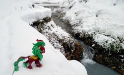 Size: 2048x1240 | Tagged: safe, imported from derpibooru, photographer:pakapaka1993, cinder glow, summer flare, kirin, pony, hot springs, irl, japan, photo, plushie, river, snow, snowfall, solo, water, waterfall, winter