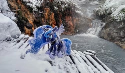 Size: 2048x1184 | Tagged: safe, imported from derpibooru, photographer:pakapaka1993, princess luna, alicorn, pony, hot springs, irl, japan, photo, plushie, river, snow, snowfall, solo, water, waterfall, winter