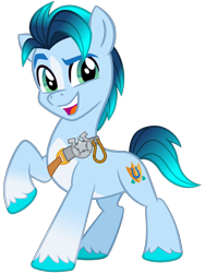 Size: 2100x2800 | Tagged: safe, artist:cheezedoodle96, imported from derpibooru, hitch trailblazer, earth pony, pony, .svg available, alternate color palette, badge, blaze (coat marking), blue coat, coat markings, colored hooves, dreamworks face, facial markings, g5, gradient mane, gradient tail, looking at you, male, my little pony: a new generation, open mouth, open smile, pale belly, raised eyebrow, raised hoof, sheriff's badge, simple background, smiling, smiling at you, socks (coat markings), solo, stallion, svg, tail, teal mane, teal tail, transparent background, vector, vector trace, what could have been