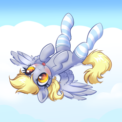 Size: 4000x4000 | Tagged: safe, alternate version, artist:confetticakez, imported from derpibooru, derpy hooves, pegasus, pony, :p, absurd resolution, blushing, clothes, cloud, cute, derpabetes, female, heart, heart eyes, lying down, mare, on a cloud, on back, patreon, patreon reward, socks, solo, spread wings, stockings, striped socks, thigh highs, tongue out, wingding eyes, wings