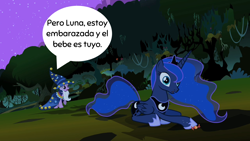 Size: 1280x720 | Tagged: safe, artist:enrique zx, derpibooru exclusive, edit, edited edit, edited screencap, editor:enrique zx, imported from derpibooru, screencap, princess luna, twilight sparkle, alicorn, pony, unicorn, luna eclipsed, season 2, 2022, candy, clothes, costume, crown, ethereal mane, female, folded wings, food, g4, galaxy mane, galaxy tail, horn, implied lesbian, implied pregnancy, implied sex, implied shipping, implied twiluna, jewelry, lesbian, nightmare night, regalia, shipping, spanish, spanish description, spanish text, speech bubble, star swirl the bearded costume, text, translation, translator:enrique zx, twiluna, unicorn twilight, wings, wings down