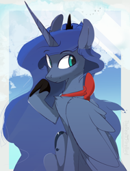 Size: 3650x4800 | Tagged: safe, artist:therealf1rebird, imported from derpibooru, princess luna, alicorn, pony, cute, female, horn, looking back, mare, solo, wings