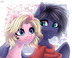 Size: 4500x3651 | Tagged: safe, artist:hakaina, imported from derpibooru, oc, oc only, oc:fenris ebonyglow, oc:kara waypoint, earth pony, pegasus, pony, clothes, female, high res, hug, karanris, male, mare, scarf, stallion, winghug, wings