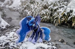 Size: 2048x1330 | Tagged: safe, imported from derpibooru, photographer:pakapaka1993, princess luna, alicorn, pony, irl, japan, photo, plant, plushie, river, snow, snowfall, solo, water, winter