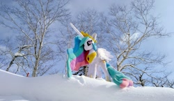 Size: 2048x1194 | Tagged: safe, imported from derpibooru, photographer:pakapaka1993, princess celestia, alicorn, pony, irl, japan, photo, plushie, snow, solo, tree, winter