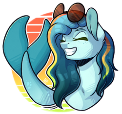 Size: 1024x954 | Tagged: safe, artist:ak4neh, imported from derpibooru, oc, oc only, merpony, sea pony, seapony (g4), artfight, blue mane, blue tail, eyes closed, female, fish tail, flowing tail, freckles, glasses, mare, simple background, smiling, solo, tail, teeth, transparent background, water