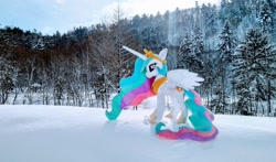 Size: 2048x1205 | Tagged: safe, imported from derpibooru, photographer:pakapaka1993, princess celestia, alicorn, pony, irl, japan, photo, plushie, snow, solo, tree, winter