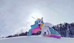 Size: 1024x596 | Tagged: safe, imported from derpibooru, photographer:pakapaka1993, princess celestia, alicorn, pony, irl, japan, photo, plushie, snow, solo, sunlight, tree, winter