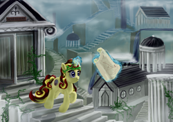 Size: 1414x1000 | Tagged: safe, artist:anttosik, imported from derpibooru, oc, oc only, oc:miss libussa, pony, unicorn, czequestria, magic, nation ponies, ponified, scroll, solo, stairs, telekinesis