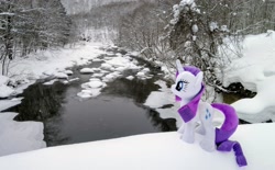 Size: 2048x1268 | Tagged: safe, imported from derpibooru, photographer:pakapaka1993, rarity, pony, unicorn, irl, japan, photo, plushie, river, snow, solo, tree, water, winter