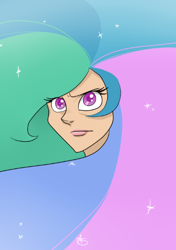 Size: 347x492 | Tagged: safe, artist:glitterypencils, imported from derpibooru, princess celestia, human, female, hair, humanized, looking at you, solo, sparkles