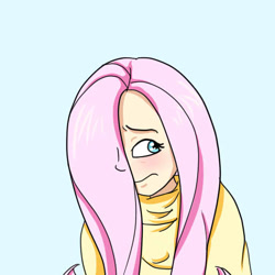 Size: 512x512 | Tagged: safe, artist:glitterypencils, imported from derpibooru, fluttershy, human, blue background, bust, clothes, female, hair over one eye, humanized, simple background, solo