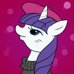 Size: 512x512 | Tagged: safe, artist:glitterypencils, imported from derpibooru, rarity, pony, unicorn, alternate hairstyle, beatnik rarity, beret, bust, clothes, female, hat, looking up, mare, solo, sweater