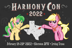 Size: 930x630 | Tagged: safe, artist:redpalette, imported from derpibooru, oc, oc only, oc:harmonic tune, oc:harmony star, earth pony, pegasus, 2022, blonde, clothes, convention, convention art, cowboy hat, cute, duo, earth pony oc, female, harmonycon, hat, mare, mascot, neckerchief, pegasus oc, postcard, scarf, smiling, texas, watermark