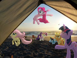 Size: 1600x1200 | Tagged: safe, artist:zombielandundead, imported from derpibooru, applejack, fluttershy, pinkie pie, rainbow dash, rarity, twilight sparkle, alicorn, earth pony, pegasus, pony, unicorn, 2017, beach, female, irl, mane six, mare, photo, ponies in real life, sunglasses, twilight sparkle (alicorn)