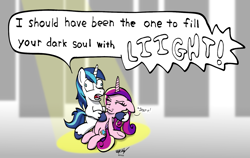 Size: 1543x974 | Tagged: safe, artist:ebbysharp, imported from derpibooru, princess cadance, shining armor, alicorn, pony, unicorn, derp, devil may cry, duo, light, signature, snorting, speech bubble