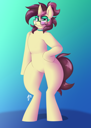 Size: 2894x4093 | Tagged: safe, artist:artsyambi, imported from derpibooru, part of a set, oc, oc only, oc:ambiguity, semi-anthro, unicorn, bipedal, blushing, chest fluff, collar, eyebrows, eyeshadow, femboy, glasses, gradient background, green eyes, horn, lidded eyes, looking at you, makeup, male, mascara, ponytail, signature, smiling, smiling at you, smirk, smug, solo, stallion, tail, thighs