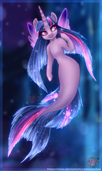 Size: 1219x2048 | Tagged: safe, artist:copshop, imported from derpibooru, twilight sparkle, alicorn, merpony, seapony (g4), blushing, bubble, dorsal fin, eyelashes, eyeshadow, female, fish tail, flowing mane, flowing tail, glitter, horn, lidded eyes, logo, looking at you, makeup, mare, ocean, open mouth, purple hair, purple mane, seaponified, seapony twilight, seaquestria, smiling, smiling at you, solo, sparkling mane, species swap, swimming, tail, twilight sparkle (alicorn), underwater, water