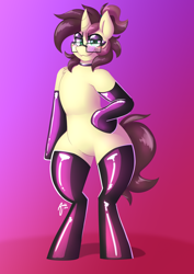 Size: 2894x4093 | Tagged: safe, artist:artsyambi, imported from derpibooru, part of a set, oc, oc only, oc:ambiguity, semi-anthro, unicorn, bipedal, blushing, chest fluff, clothes, collar, eyebrows, eyeshadow, femboy, glasses, gradient background, green eyes, horn, latex, latex socks, latex stockings, lidded eyes, looking at you, makeup, male, mascara, ponytail, signature, smiling, smiling at you, smirk, smug, socks, solo, stallion, tail, thighs