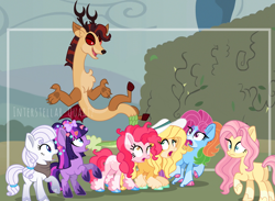 Size: 3647x2663 | Tagged: safe, artist:interstellar-quartz, imported from derpibooru, applejack, discord, fluttershy, pinkie pie, rainbow dash, rarity, twilight sparkle, oc, oc:amaryllis, oc:insania, oc:iridescent, oc:ivory, oc:sparkling cider, oc:surprise fuchsia, oc:twinkie sprinkle, pegasus, alternate design, amaryllisverse, earth pony rarity, earth pony twilight, flapplejack, mane six, pegasus pinkie pie, race swap, ultimare universe, unicorn fluttershy, unicorn rainbow dash