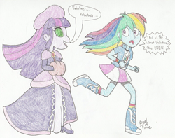 Size: 1400x1104 | Tagged: safe, artist:bageloftime, imported from derpibooru, rainbow dash, twilight sparkle, equestria girls, clothes, dress, duo, gown, holiday, hypno eyes, hypnosis, hypnotized, long dress, long skirt, miniskirt, skirt, traditional art, valentine's day