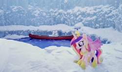 Size: 1024x607 | Tagged: safe, imported from derpibooru, photographer:pakapaka1993, princess cadance, alicorn, pony, boat, crown, hoof shoes, ice, irl, japan, jewelry, paddle, photo, plushie, regalia, snow, snowman, solo, tiara, water, winter