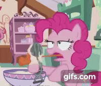 Size: 200x170 | Tagged: safe, imported from derpibooru, screencap, pinkie pie, earth pony, pony, between dark and dawn, season 9, spoiler:s09, animated, batter, bipedal, bowl, cropped, egg beater, food, gif, gifs.com, lowres, mixing bowl, open mouth, solo, stuck, tongue out, watermark