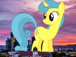 Size: 1728x1296 | Tagged: safe, artist:dashiesparkle, artist:thegiantponyfan, imported from derpibooru, lemon hearts, pony, unicorn, austria, background pony, female, giant pony, giant unicorn, giant/macro lemon hearts, giantess, highrise ponies, irl, macro, mare, mega giant, photo, ponies in real life, vienna